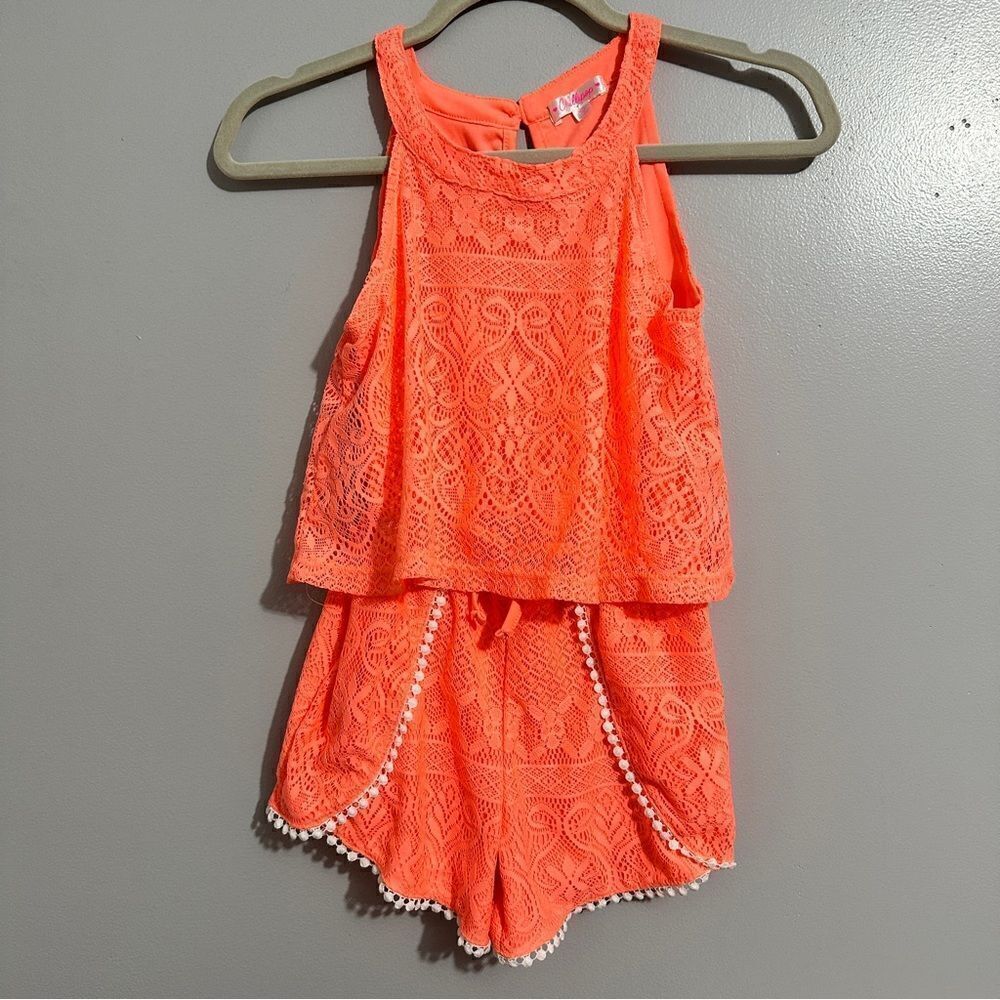 Chilipop girls orange romper with white Pom Pom trim size 10/12 M